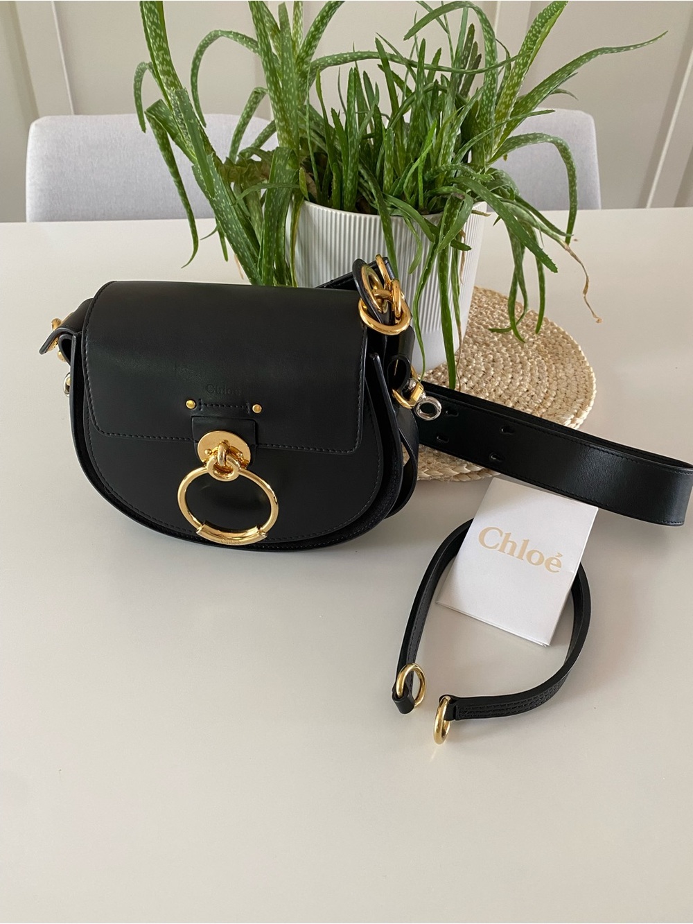Chloé Black Leather Mini Tess Saddle Bag with Gold Ring Hardware